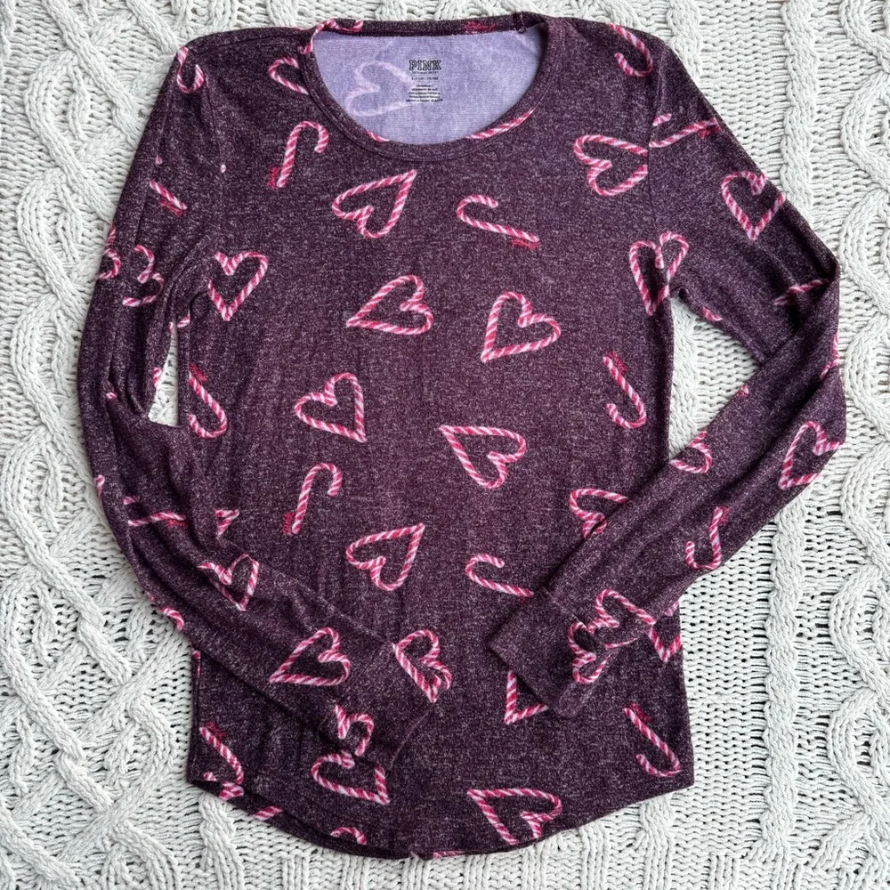 PINK Victoria's Secret Cozy Heather Purple Candy Cane Hearts Sleepwear Top Small